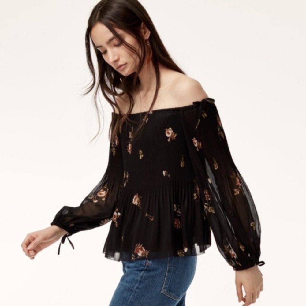 ARITZIA Wilfred Talence drapey blouse off the shoulders Floral black Size XS